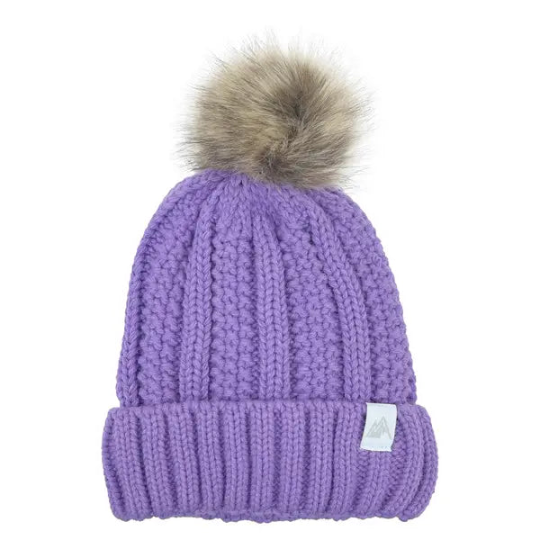 Girls Ribbed Cuff Hat ,Faux Fur Pom Sherpa Fleece Lined Purple