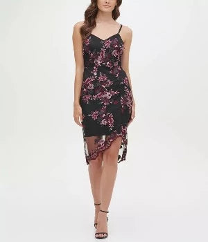 Guess V-Neck Sleeveless Flounce Hem Floral Lace Sheath Dress