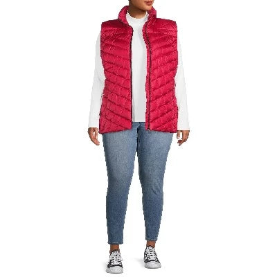 Plus Down Blend Chevron Quilted Puffer Vest Ruby