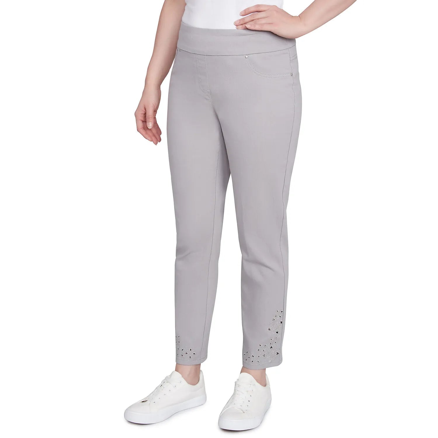 Pull-On Extra Stretch Embroidered Hem Jeans Grey - Ruby Rd