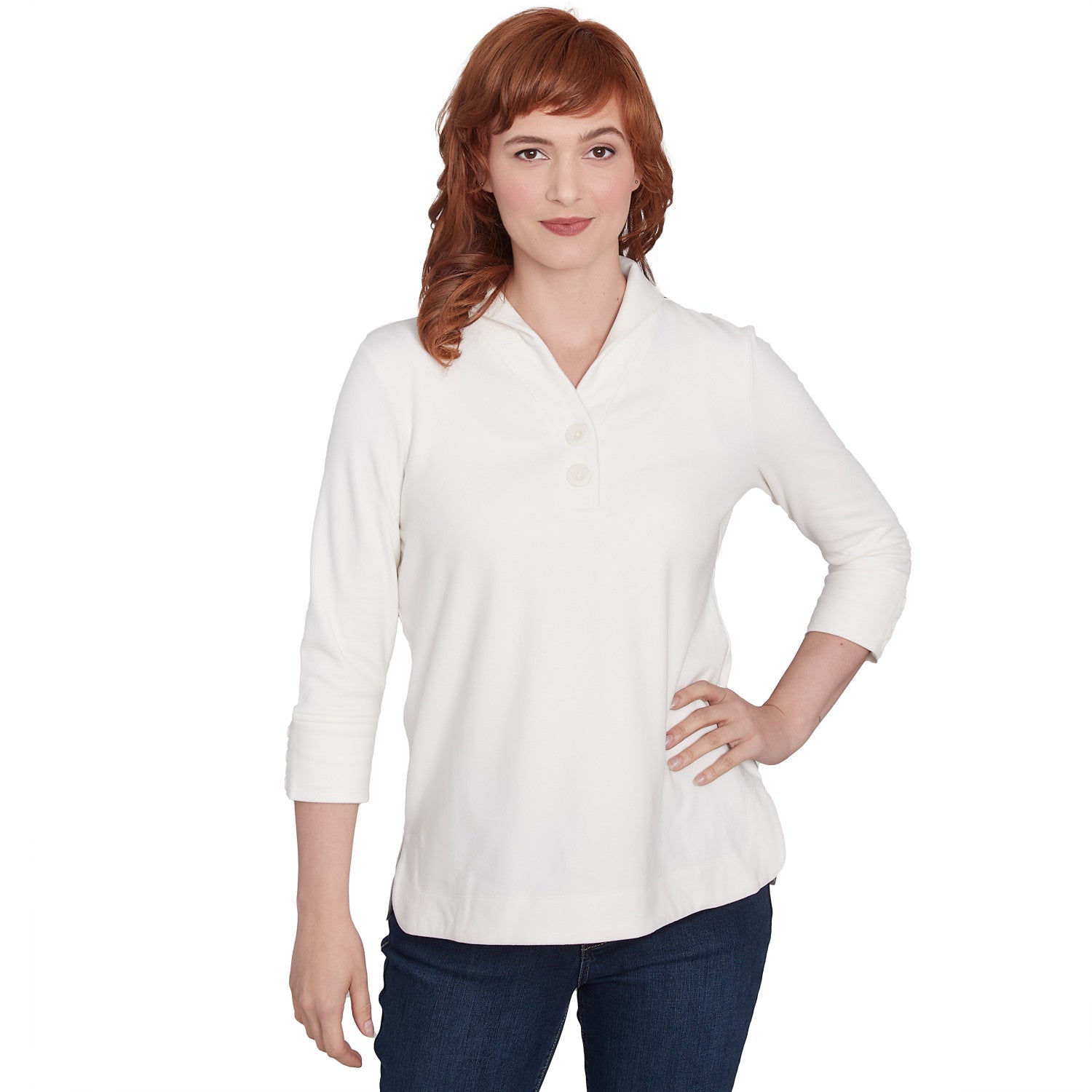 Luxe Collared V-Neck Stretch Rib Knit Top Ivory - Ruby Rd