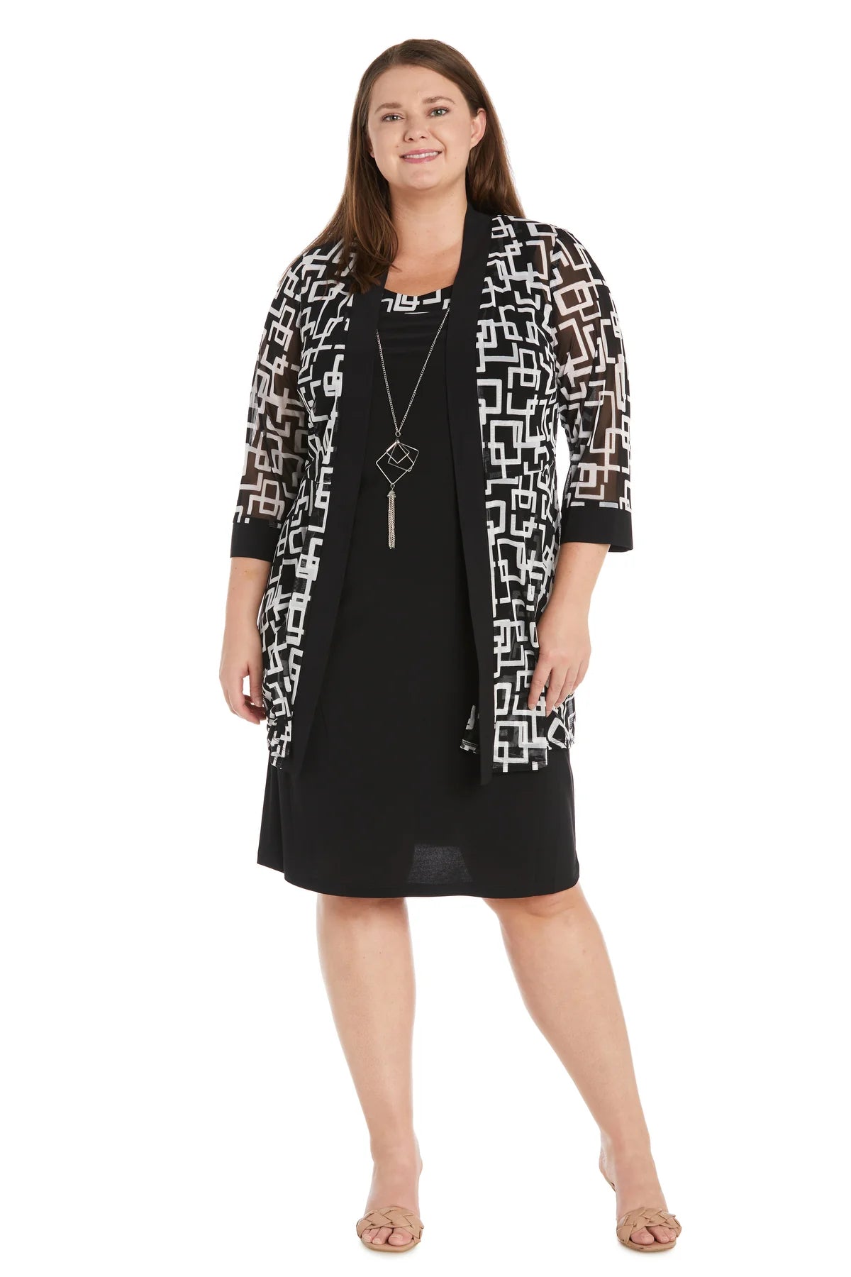 Geometric Pattern Puff Print Jacket Dress - Plus- RM Richards