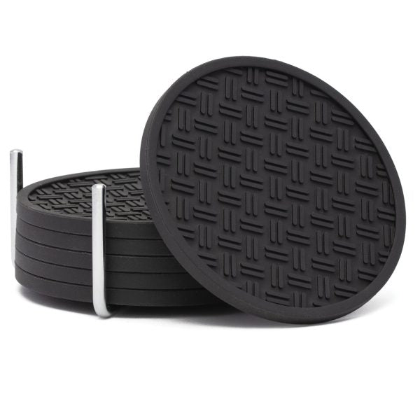 BLACK COASTERS IN CHROME HOLDER SET 6