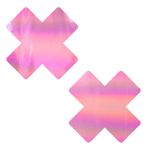 Love Heart Bare Pink Shimmer Holographic X Nipple Pasties - J Valentine Fabric