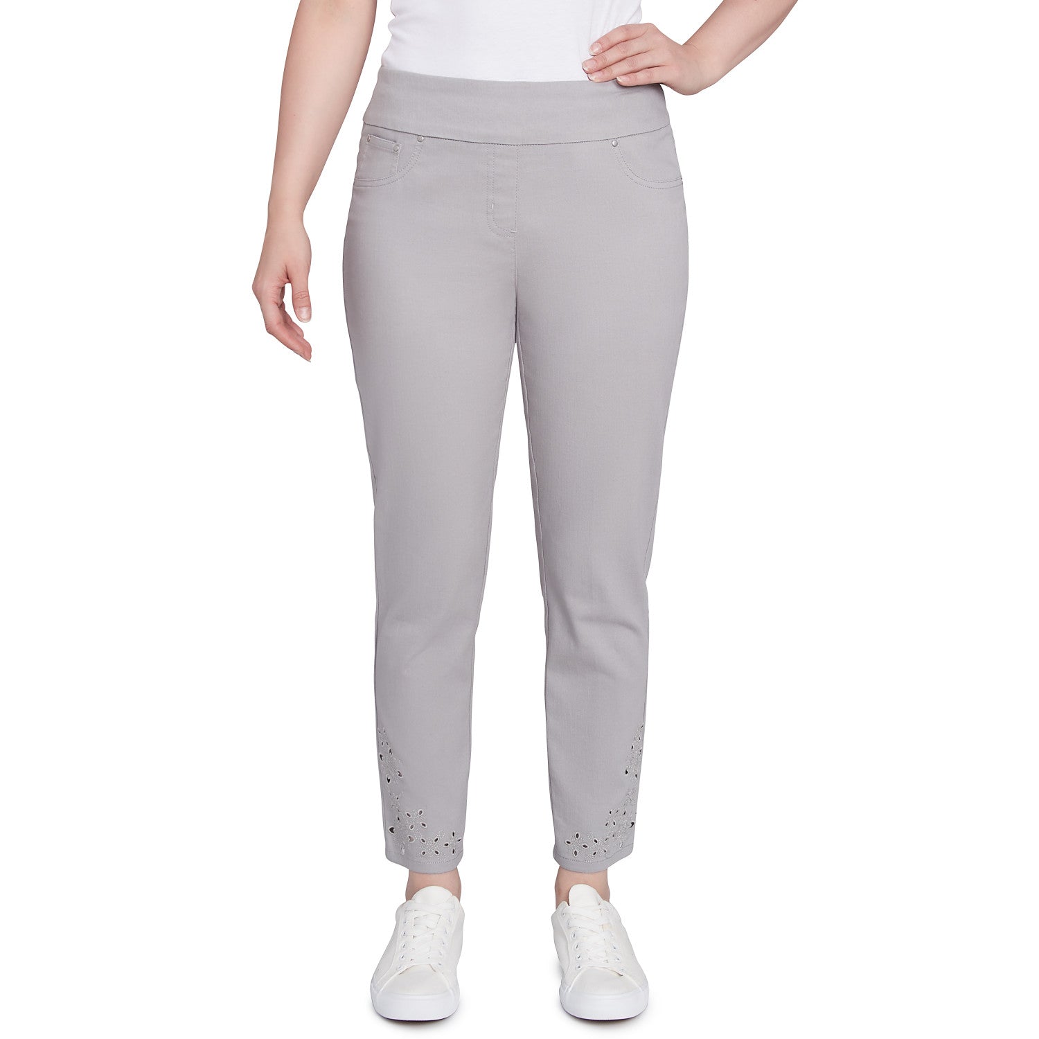 Pull-On Extra Stretch Embroidered Hem Jeans Grey - Ruby Rd