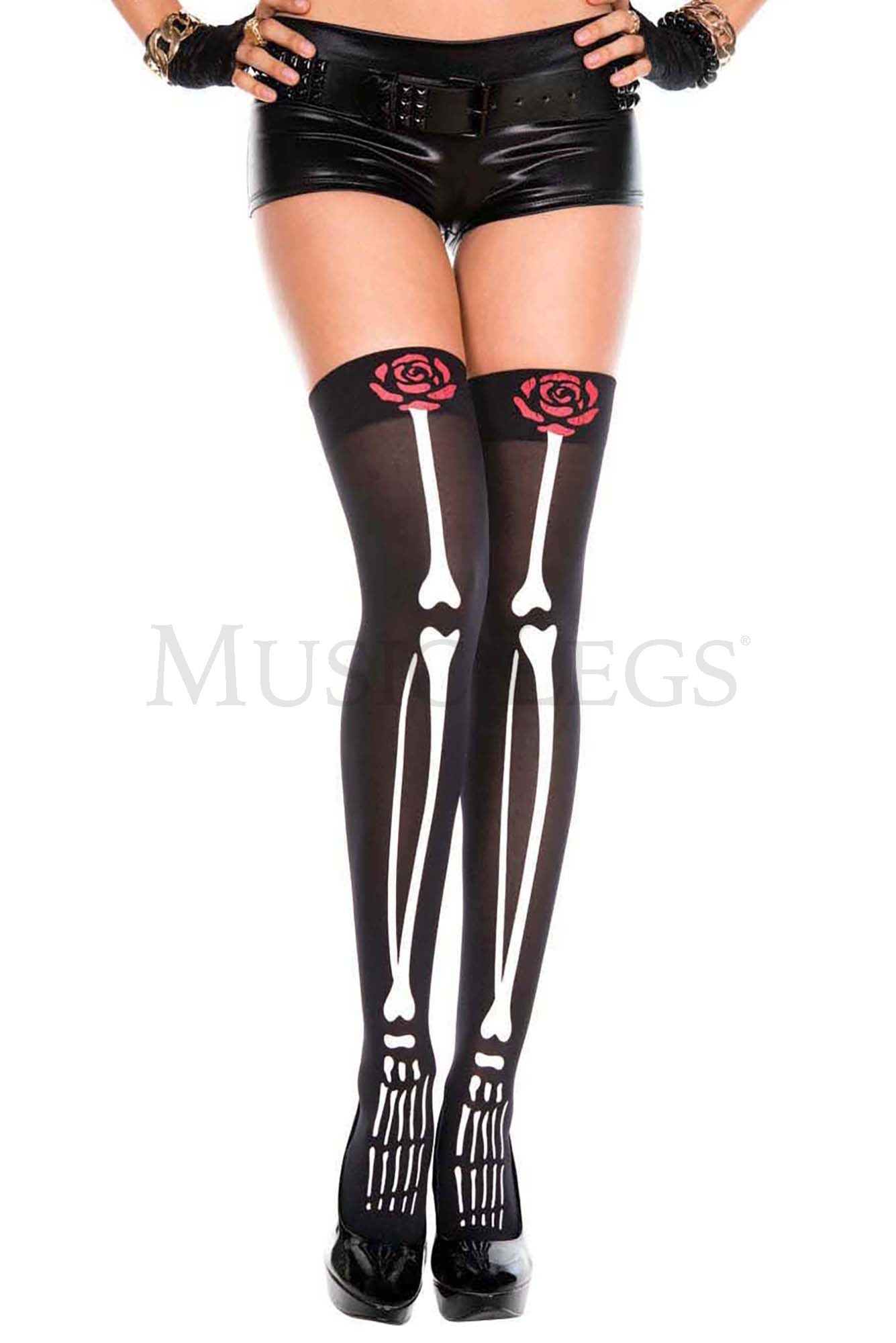 Skeleton print with top rose design thigh hi