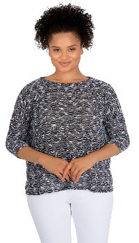 BLOUSE BLACK WHITE 3/4 SLEEVE BALLET NECK - RUBY RD