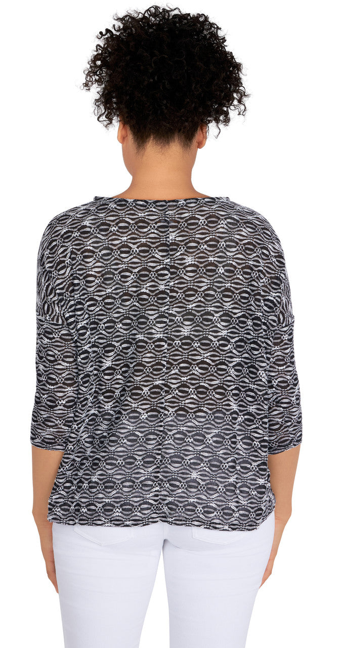 BLOUSE BLACK WHITE 3/4 SLEEVE BALLET NECK - RUBY RD