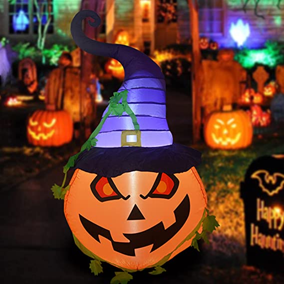 5 FT Halloween Inflatable Pumpkin with Wizard Hat with Build-in LED