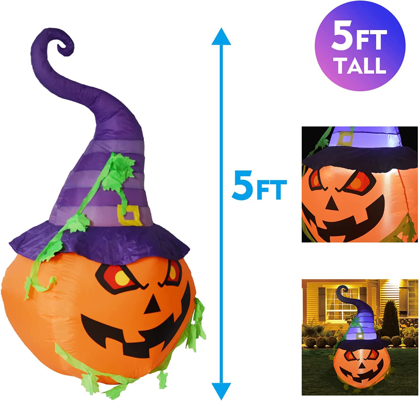 5 FT Halloween Inflatable Pumpkin with Wizard Hat with Build-in LED