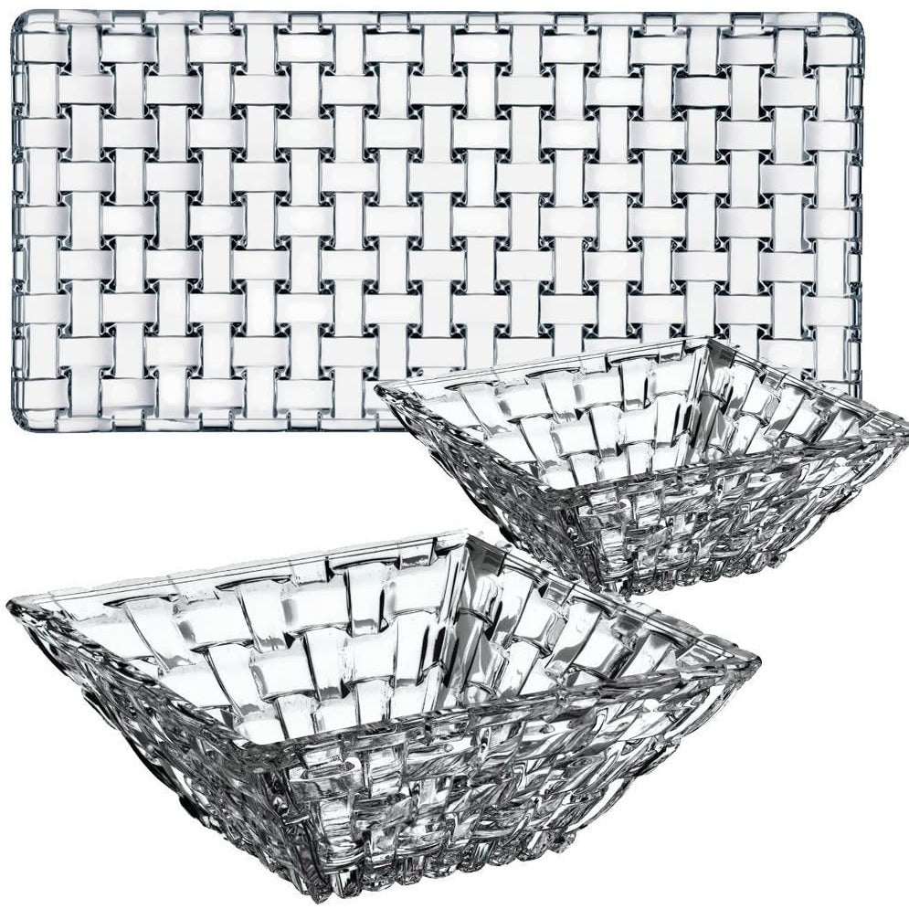 Bossa Nova Glass Plate and Square Serving Bowls Set of 3 Clear