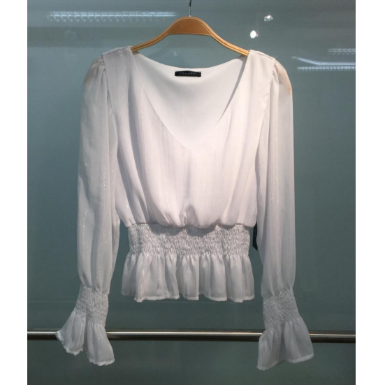 SOLID COLOR V NECK SMOCKED TOP
