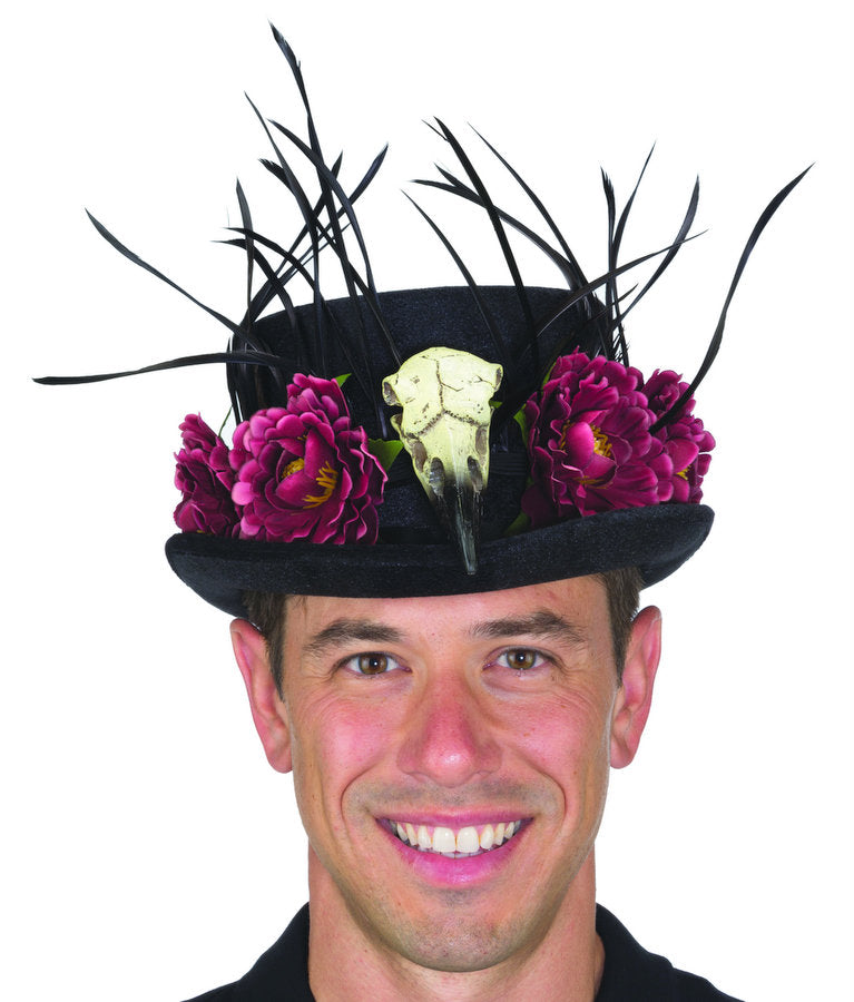 Black Velvet Top Hat W/ Raven Skull, Roses and Feathers