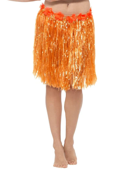 Hawaiian Hula Skirt with Flowers, Neon Orange