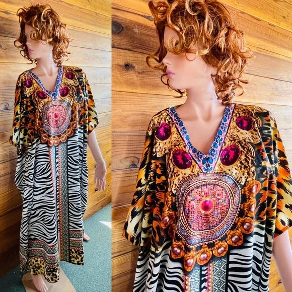 Long kaftan Leopard Zebra Pearls Print
