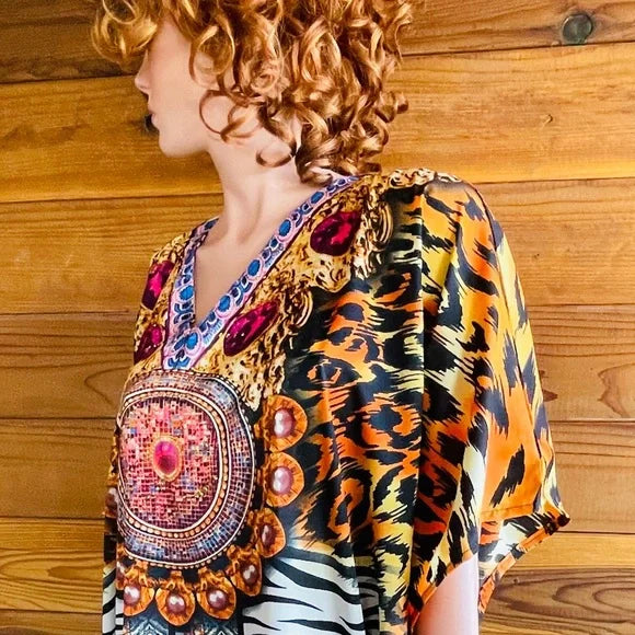 Long kaftan Leopard Zebra Pearls Print