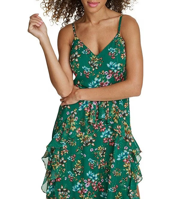 Metallic Floral V-Neck Sleeveless Maxi Dress Green - Siena