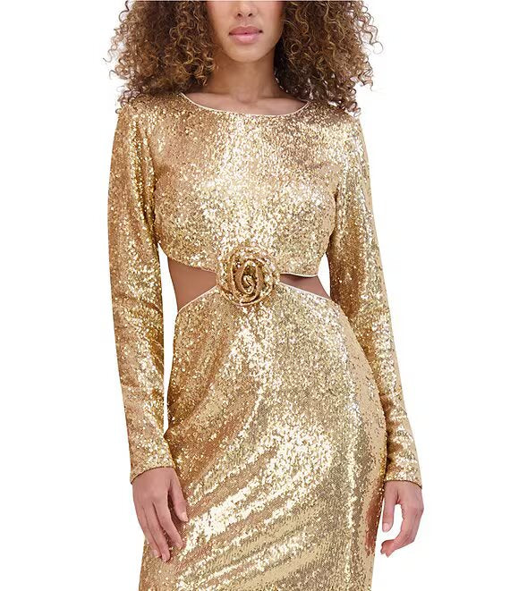 Long Sleeve Floral Applique Crew Neck Cut-Out Sequin Knit Dress Gold - Kensie