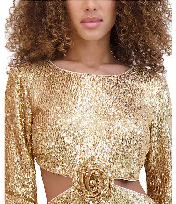 Long Sleeve Floral Applique Crew Neck Cut-Out Sequin Knit Dress Gold - Kensie