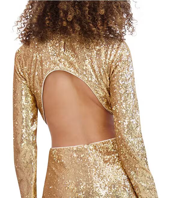 Long Sleeve Floral Applique Crew Neck Cut-Out Sequin Knit Dress Gold - Kensie