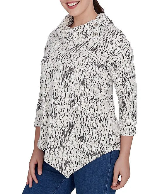 Split Cowl Chenille Jacquard Knit Top Ivory Black - Ruby Rd