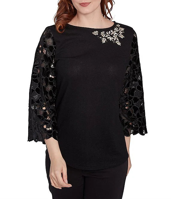 Knit Embellished Scoop Neck 3/4 Lace Sleeve Top Black - Ruby Rd