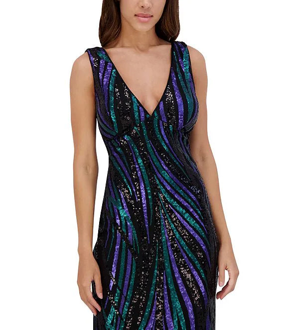 Multi Sequin Mesh V-Neck  Dress Black Multi  - Siena