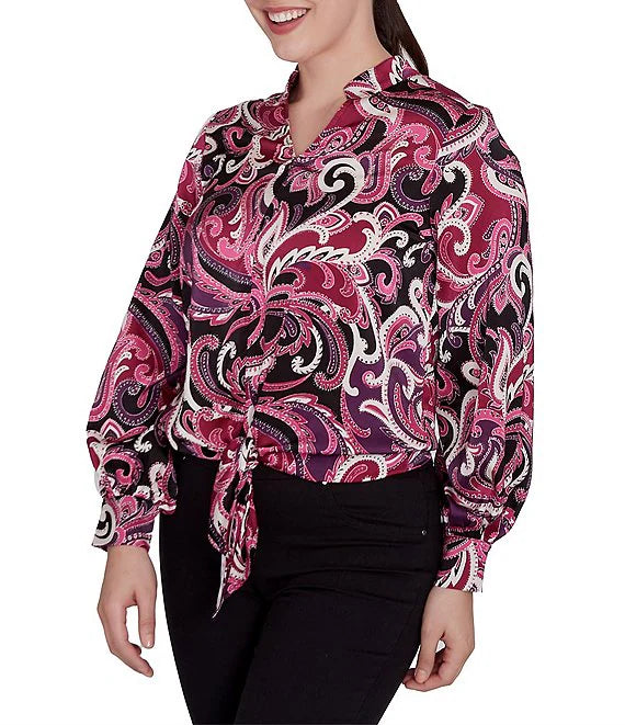 Woven Paisley Split V-Neck Long Sleeve Tie-Front Top Beet Multi - Ruby Rd