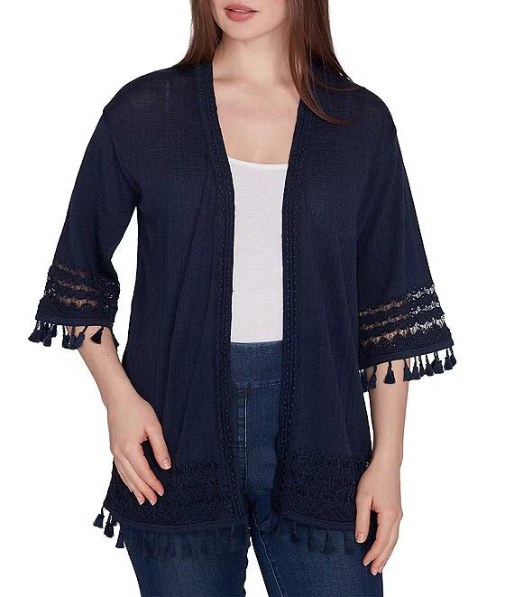 Fine-Gauze Tassel Lace Trim 3/4 Sleeve Open-Front Cardigan Navy - Ruby Rd