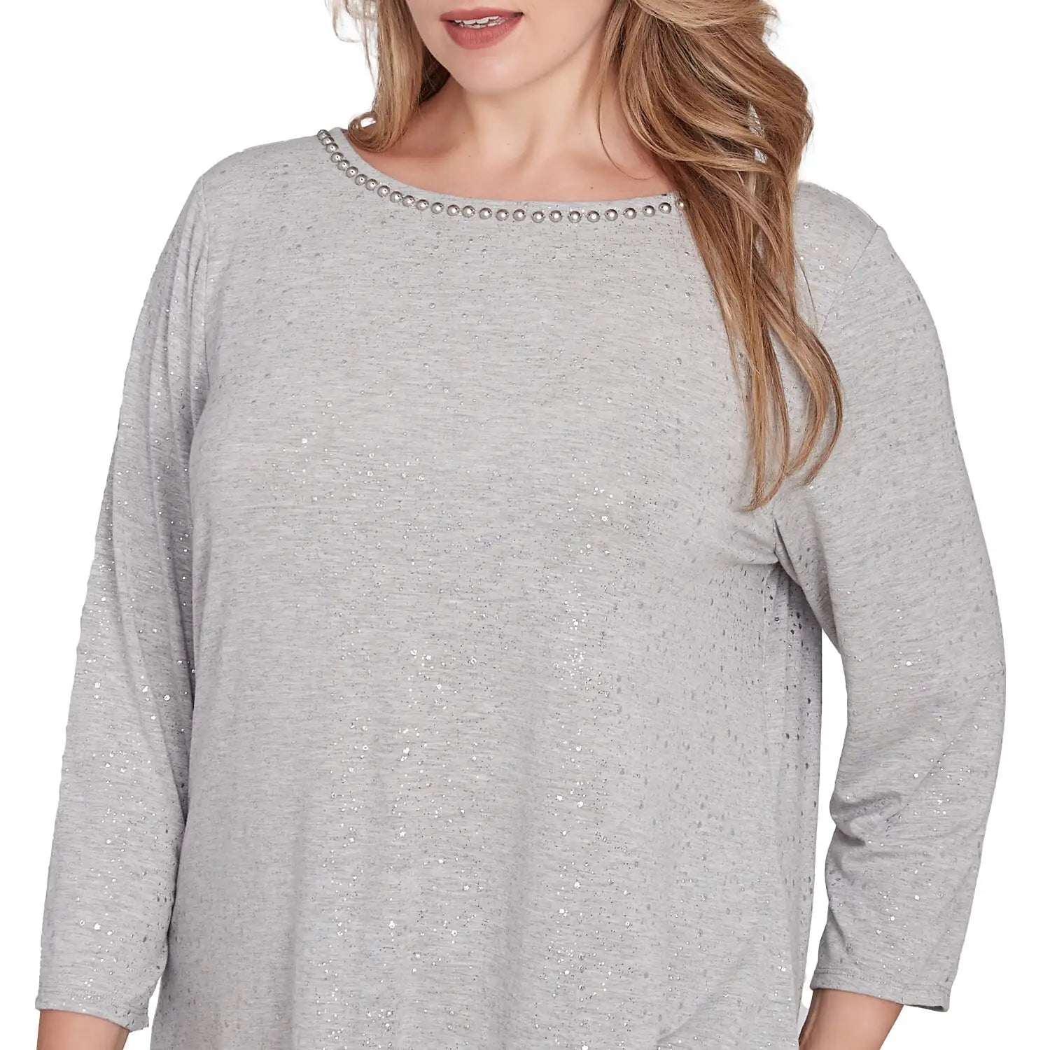 Plus Embellished Dew Drops Glitter Knit Top Grey   - Ruby Rd