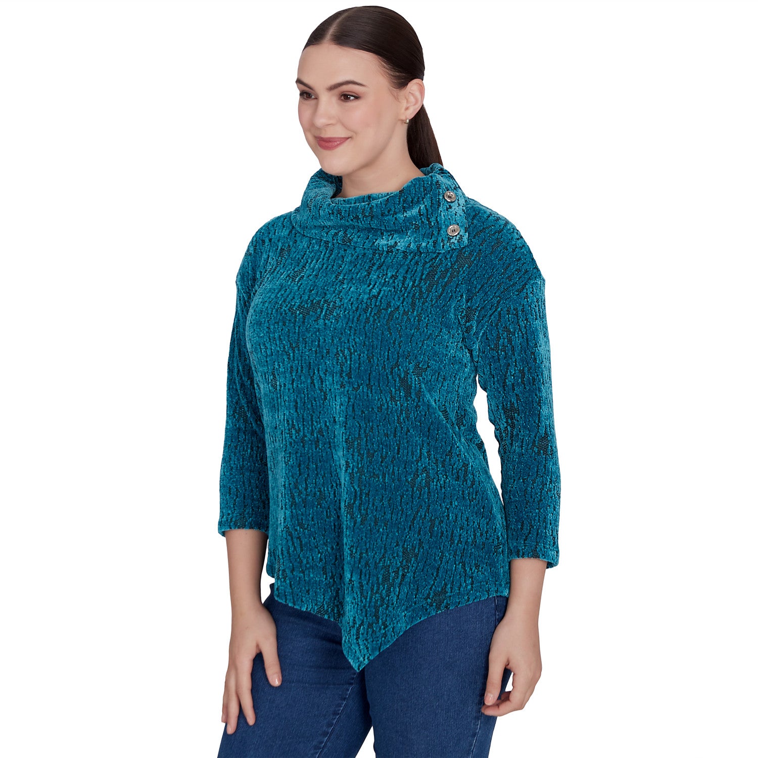 Split Cowl Chenille Jacquard Knit Top Jade Multi- Ruby Rd