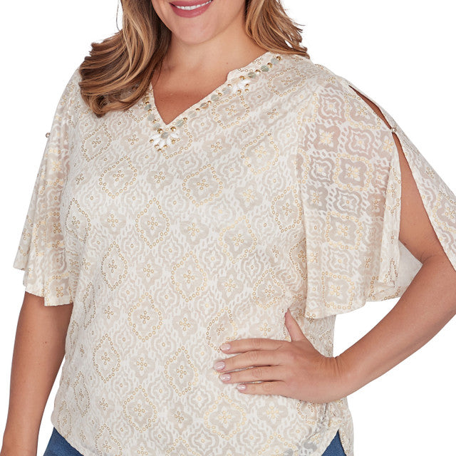 Plus Foil Printed Burnout Knit Top Ivory - Ruby Rd