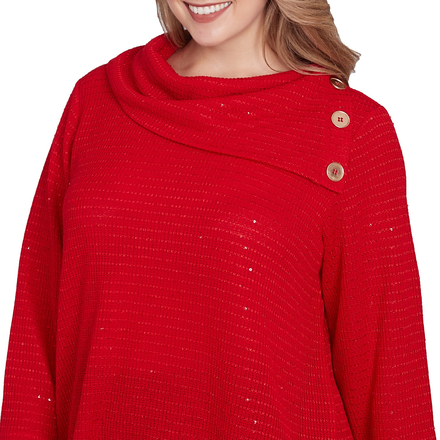 Plus Split Cowl Neck Sequin Knit Top Lipstick  - Ruby Rd