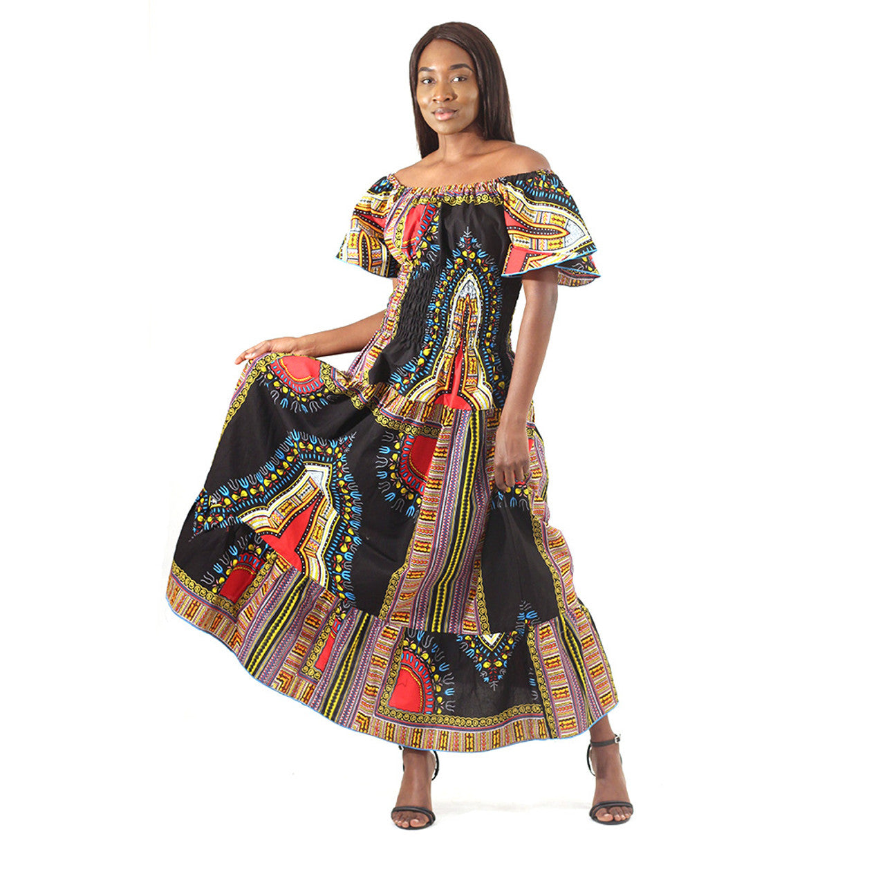 Trad Print Stretch-Top Princess Dress Black