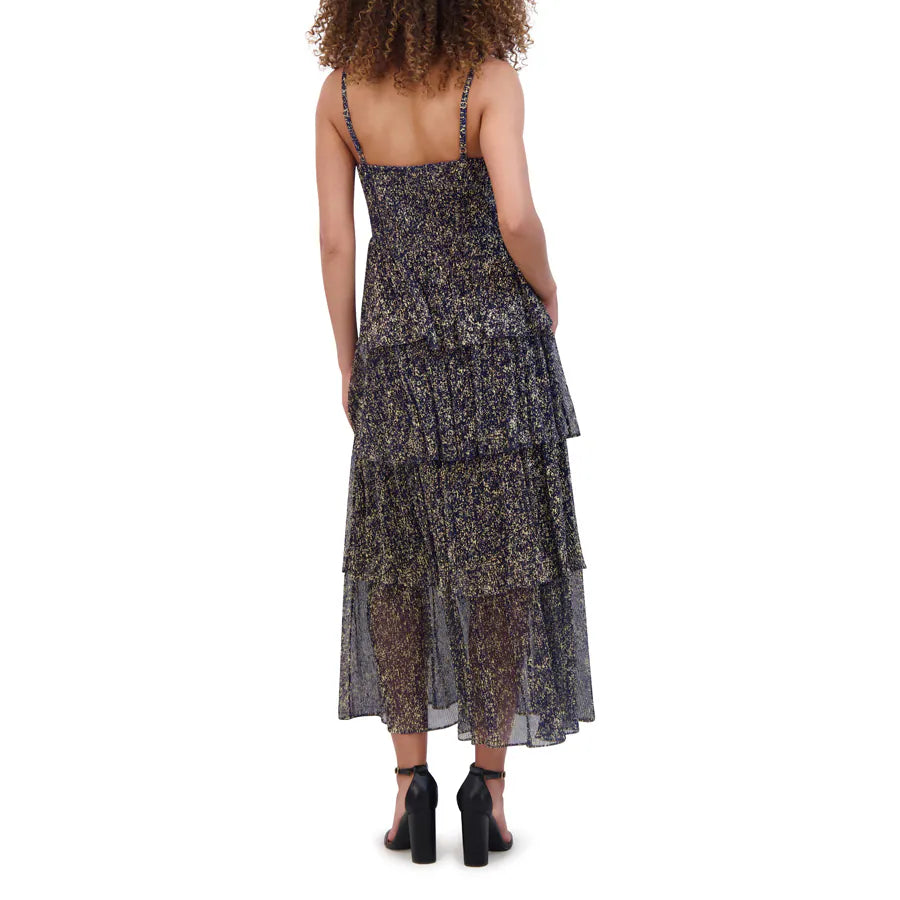 Tiered Fleck Print Dress Navy / Gold  - Siena