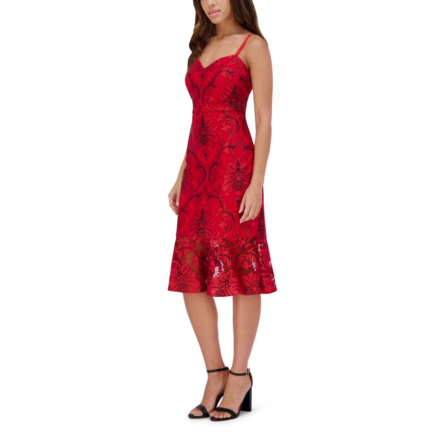 Embroidered Floral Flounce Hem Dress Red /Black  - Siena