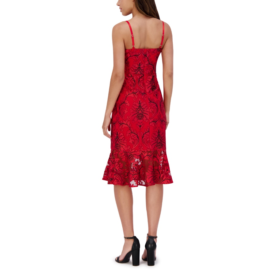 Embroidered Floral Flounce Hem Dress Red /Black  - Siena