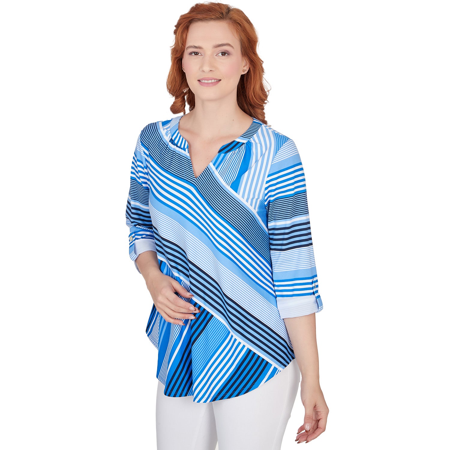 Split Neck Spliced Stripe Top With Roll Tab Sleeves - Ruby Rd