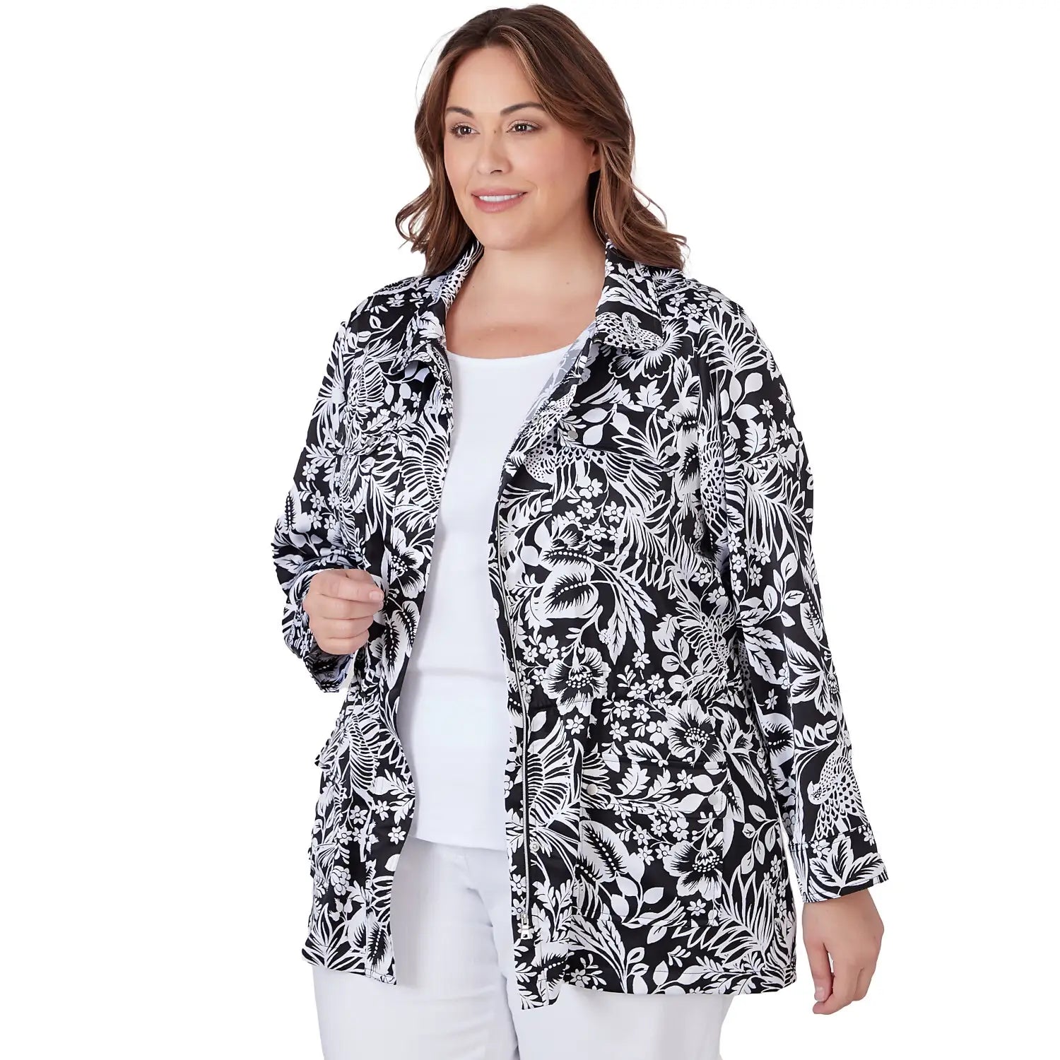 Plus Floral Printed Charmeuse Snap Jacket- Ruby Rd