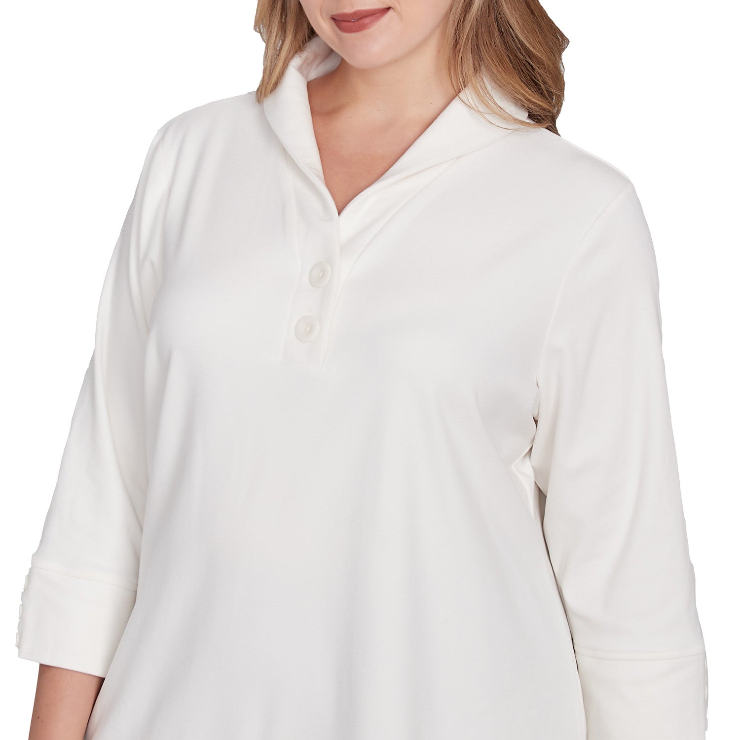 Plus Collared V-Neck Stretch Rib Knit Top Ivory -Ruby Rd