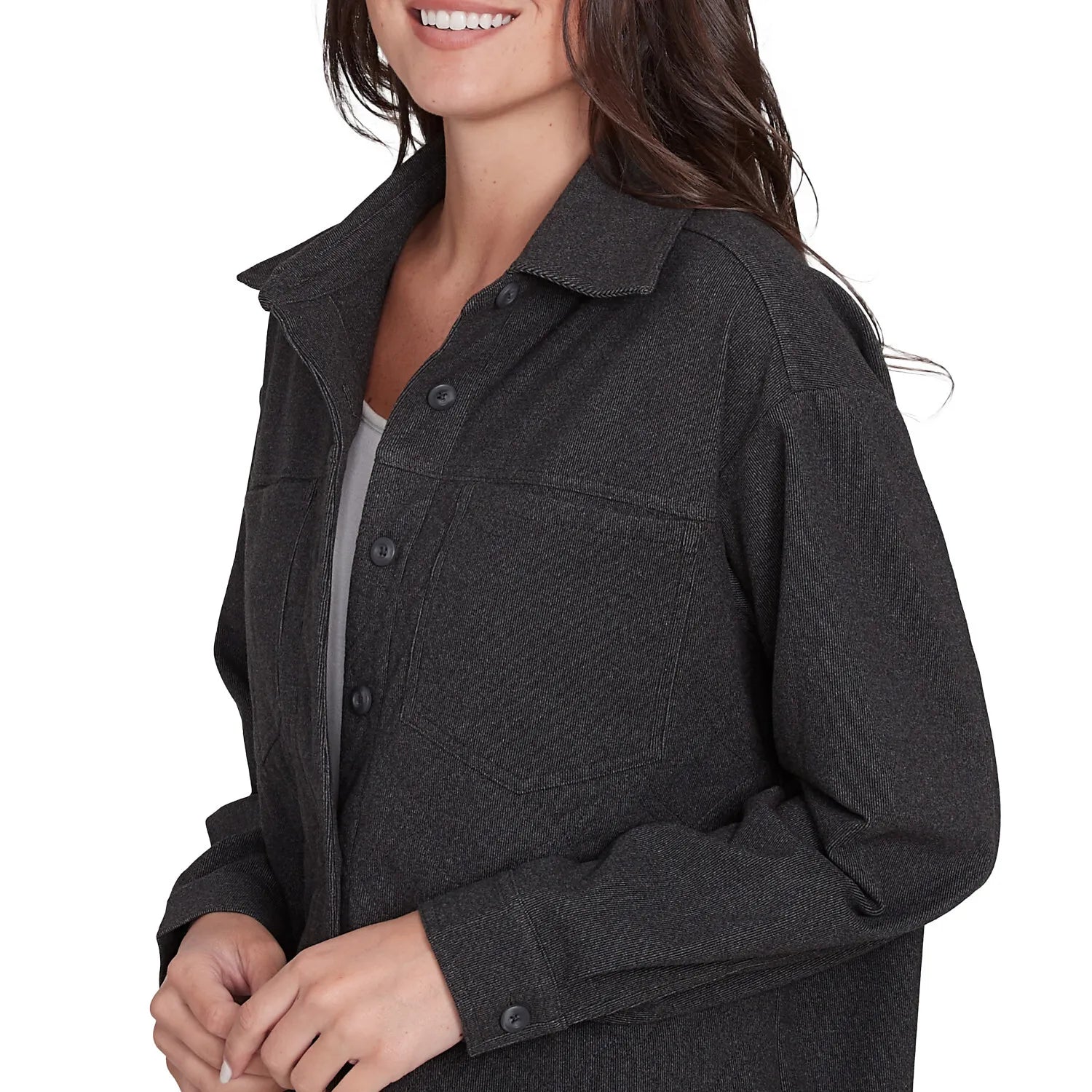 Luxe Button Front Stretch Rib Knit Jacket Charcoal Heater - Ruby Rd