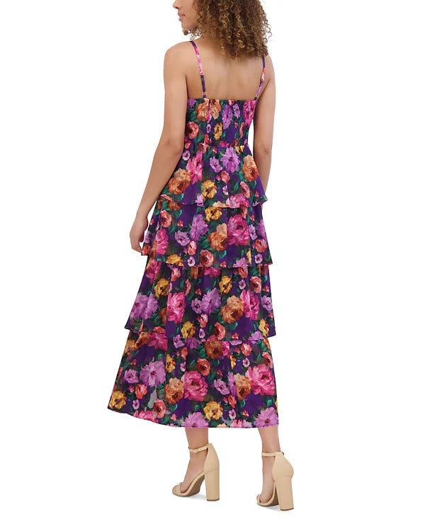 Printed Sweetheart-Neck Tiered-Ruffle Dress Purple Multi - Kensie