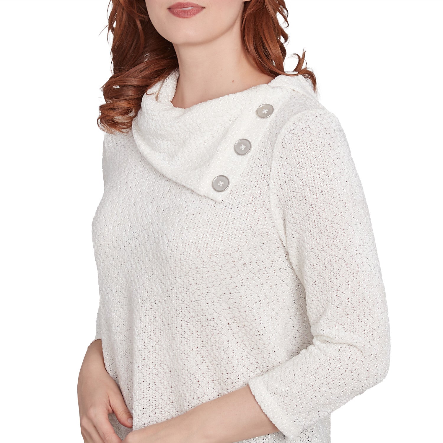 Split Cowl Neck Chenille Shine Knit Top Ivory- Ruby Rd