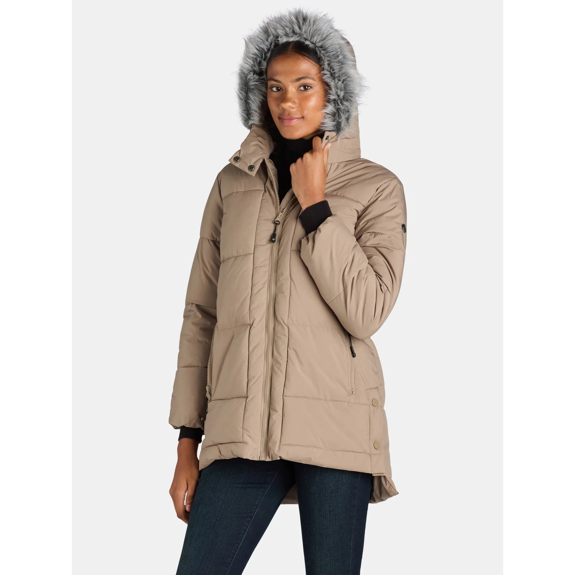 Timber Wolf  Wide Quilted Puffer Coat with Faux Fur Trim Hood Grey