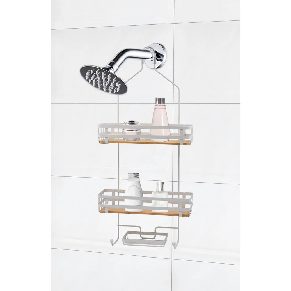 Matte White - Shower Caddy with Bamboo Base