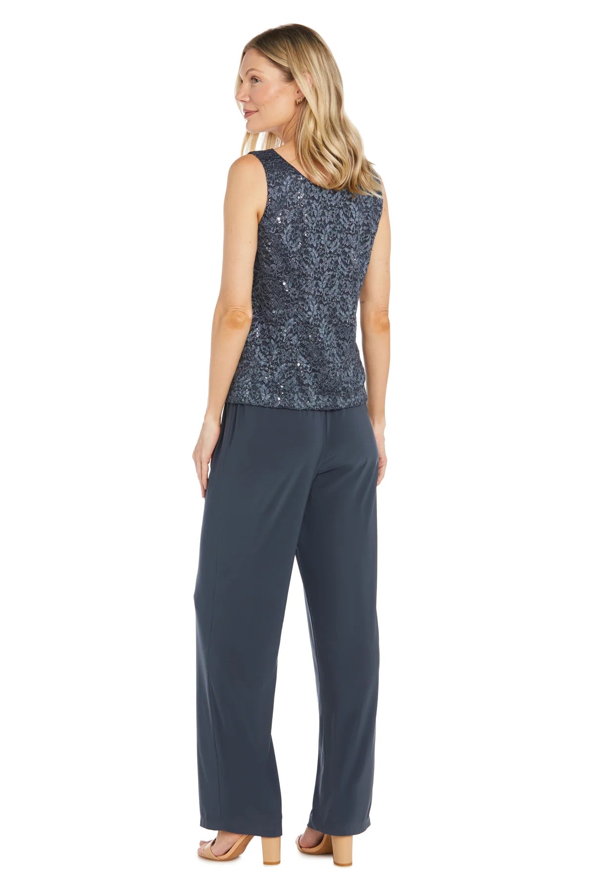 3PC Lace Pantsuit With Delicate Sequins and a Pearl-Detailed Neckline Coal