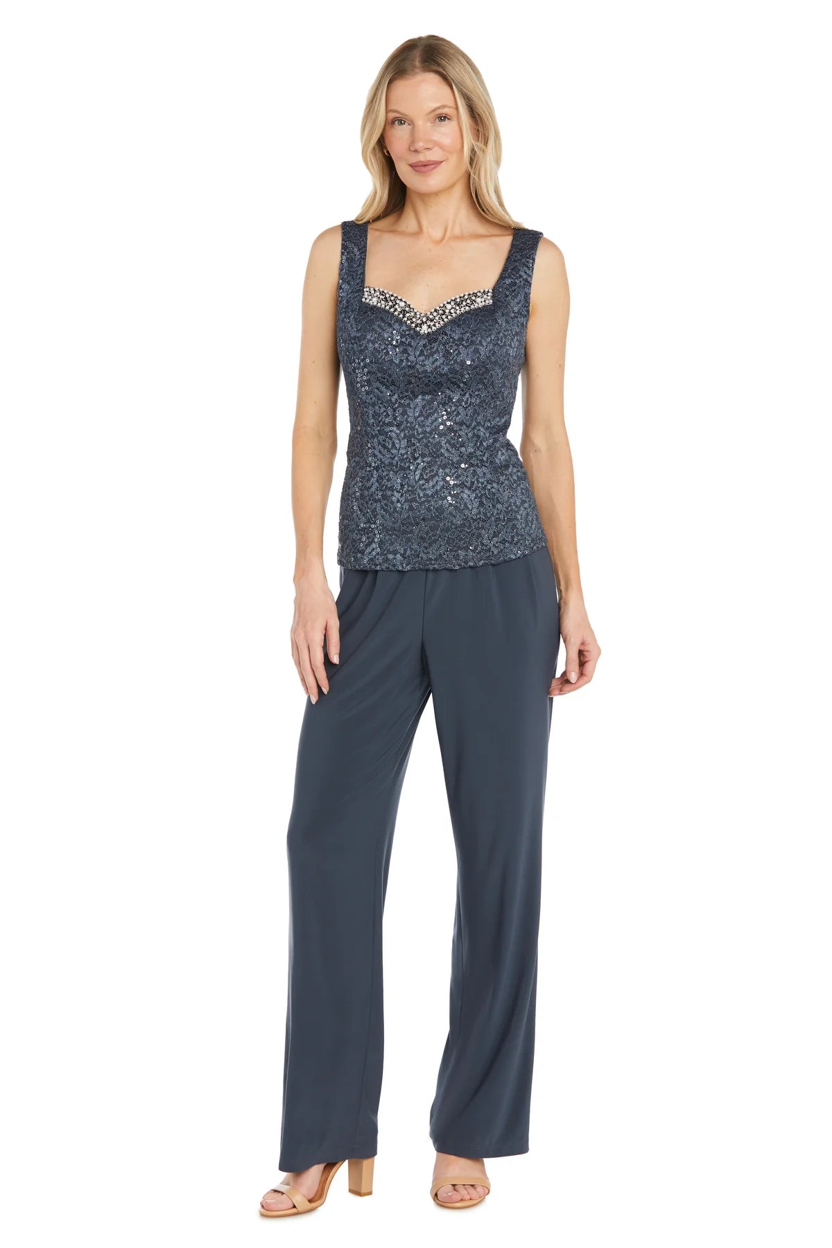 3PC Lace Pantsuit With Delicate Sequins and a Pearl-Detailed Neckline Coal