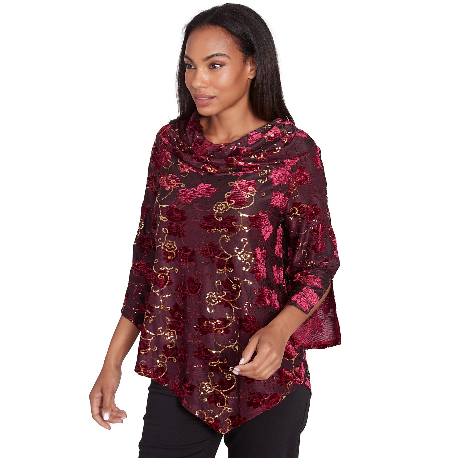 Iridescent Sequin Velvet Floral Cowl Neck Top  Beet Multi - Ruby Rd