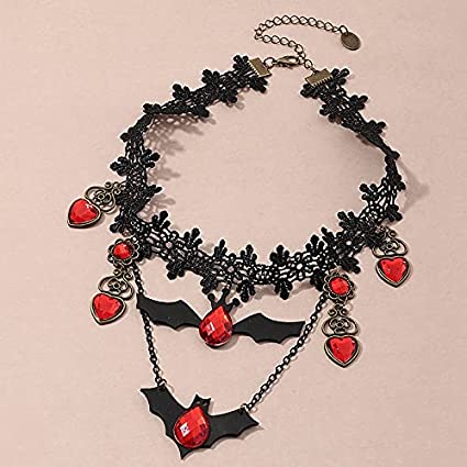 Black Bat Choker Necklace with Red Jewels