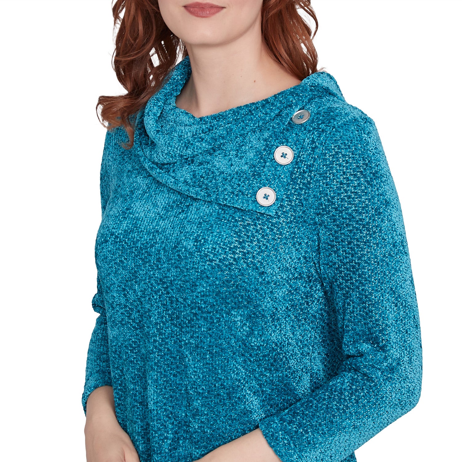 Split Cowl Neck Chenille Shine Knit Top Jade - Ruby Rd